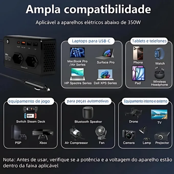 inversor carro 12v 220v, conversor automotivo 350w, tomada carro usb inversor