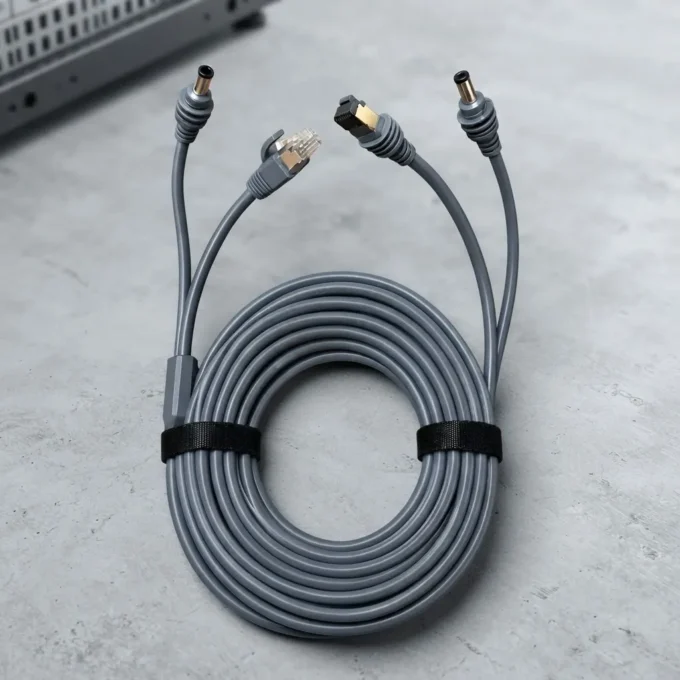 Cabo Cat6 Starlink Mini com conectores RJ45 e DC na imagem do artigo