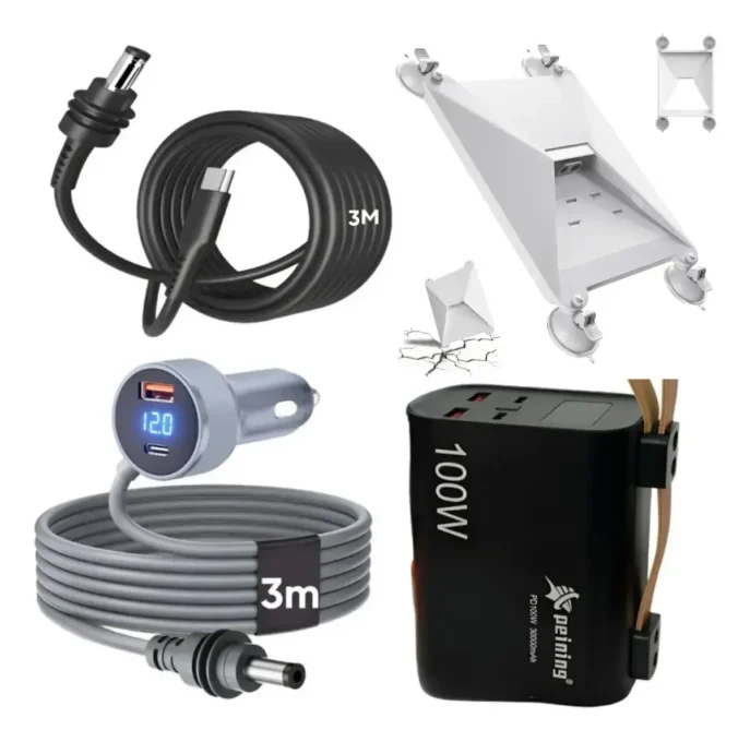 Kit Starlink Mini com power bank 100W, cabo USB-C de 3 m, carregador veicular e suporte com ventosas